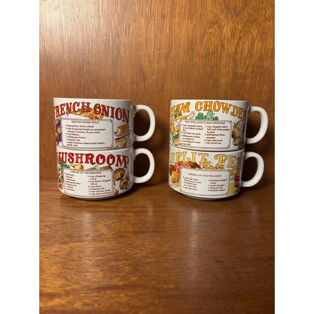 1970s VTG Recipe Soup Mugs Set of 4 French Onion Clam Chowder Split Pea Mushroom